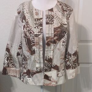 Coldwater Creek Women's Brown & Cream Floral Open Blazer Jacket Size 14